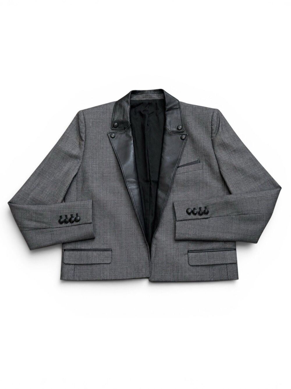 The Kooples Prince De Galles Cropped Blazer Jacket Glen Plaid Leather Trims 40 - Picture 2 of 10